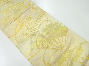 アンティーク　檜扇に流水・草花模様織出し袋帯（材料）